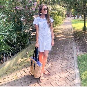 Madison Mathews - Embroidered White and Blue Mini Dress - Size Small